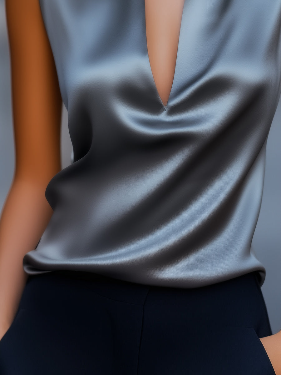 Sleek Gray Satin Plunge Neck Top HWT