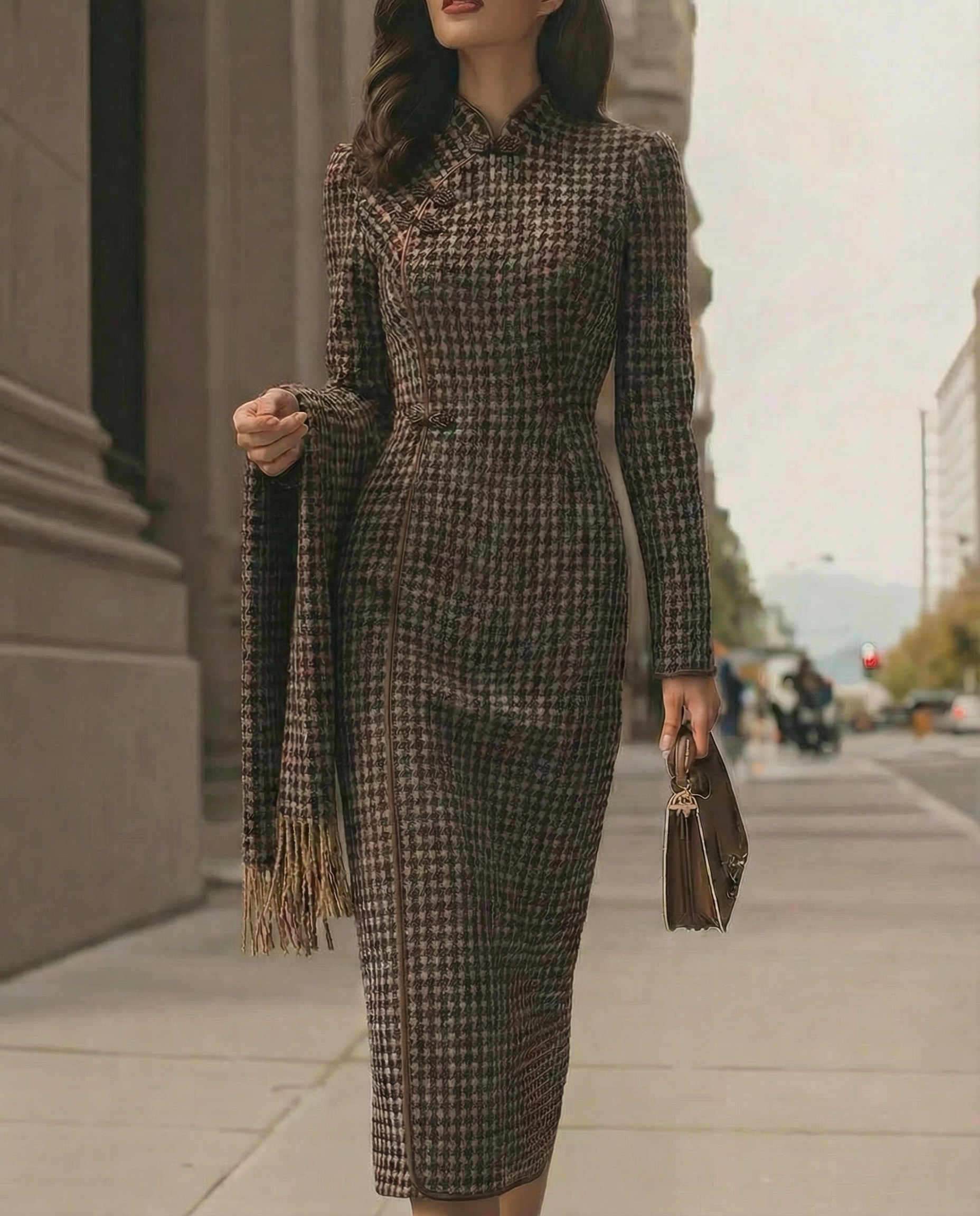 Classic Houndstooth Long-Sleeve Tailored Fit - Midi Dress