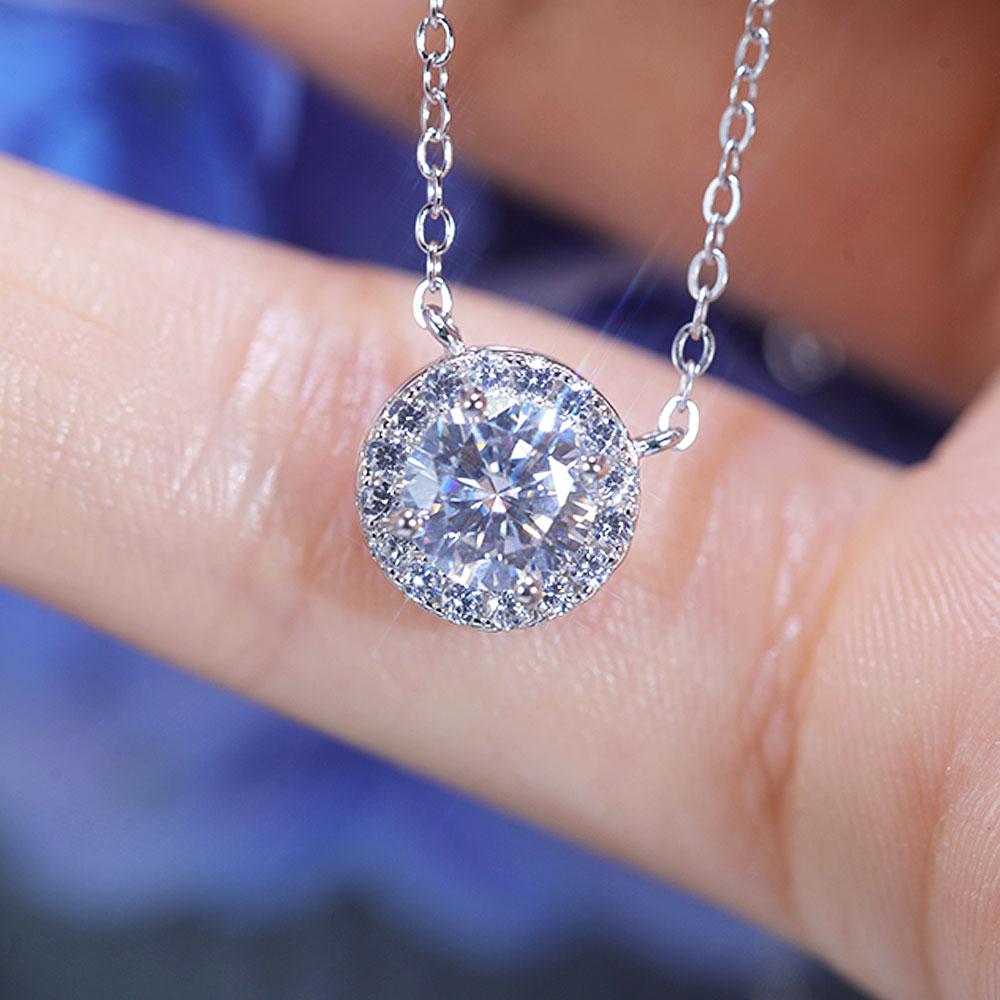 Classic 1.0 CT Round Cut Halo Design Moissanite Necklace Shine of Diamond