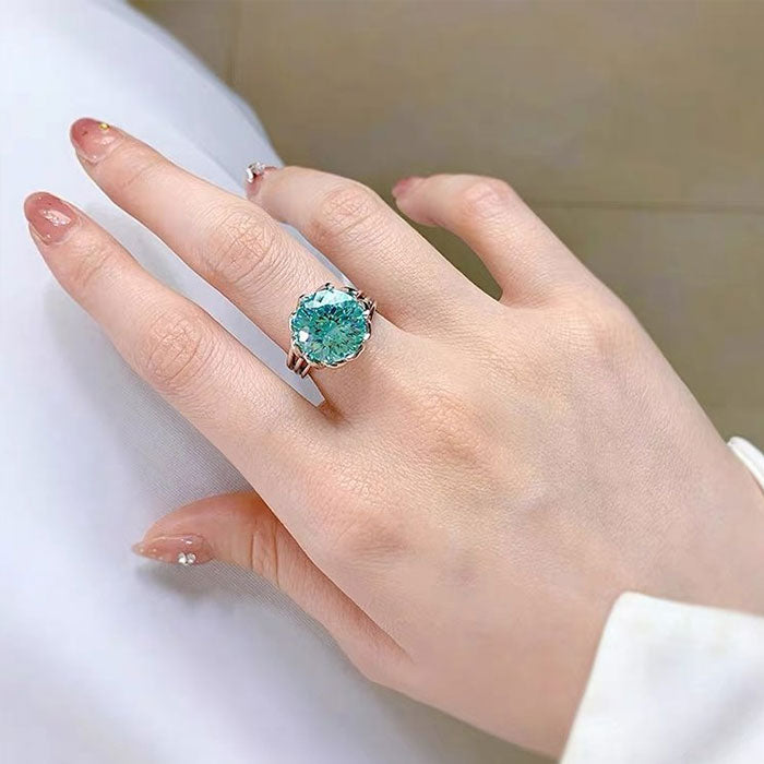 Unique Design Round Cut Green Moissanite Sterling Silver Engagement Ring Shineofdiamond
