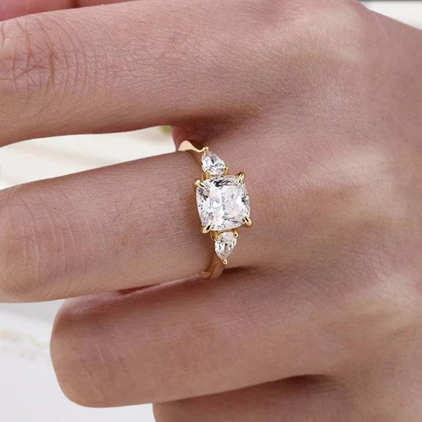 Three Stone Golden Tone Cushion Cut Sterling Silver Engagement Ring Shineofdiamond