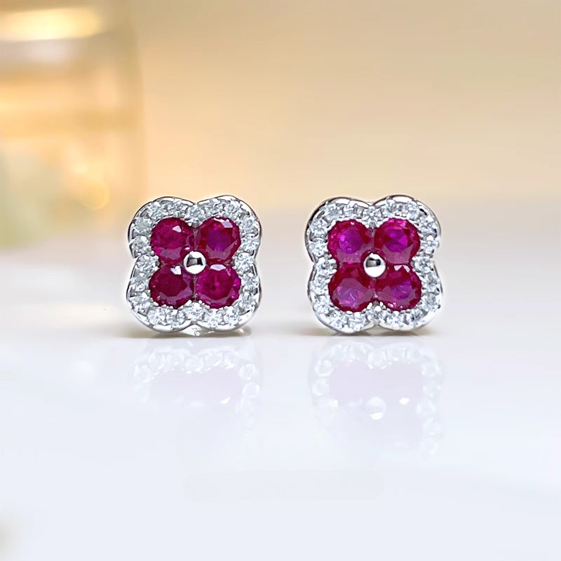 Clover Design Sapphire Stud Earrings in Sterling Silver shine of diamond