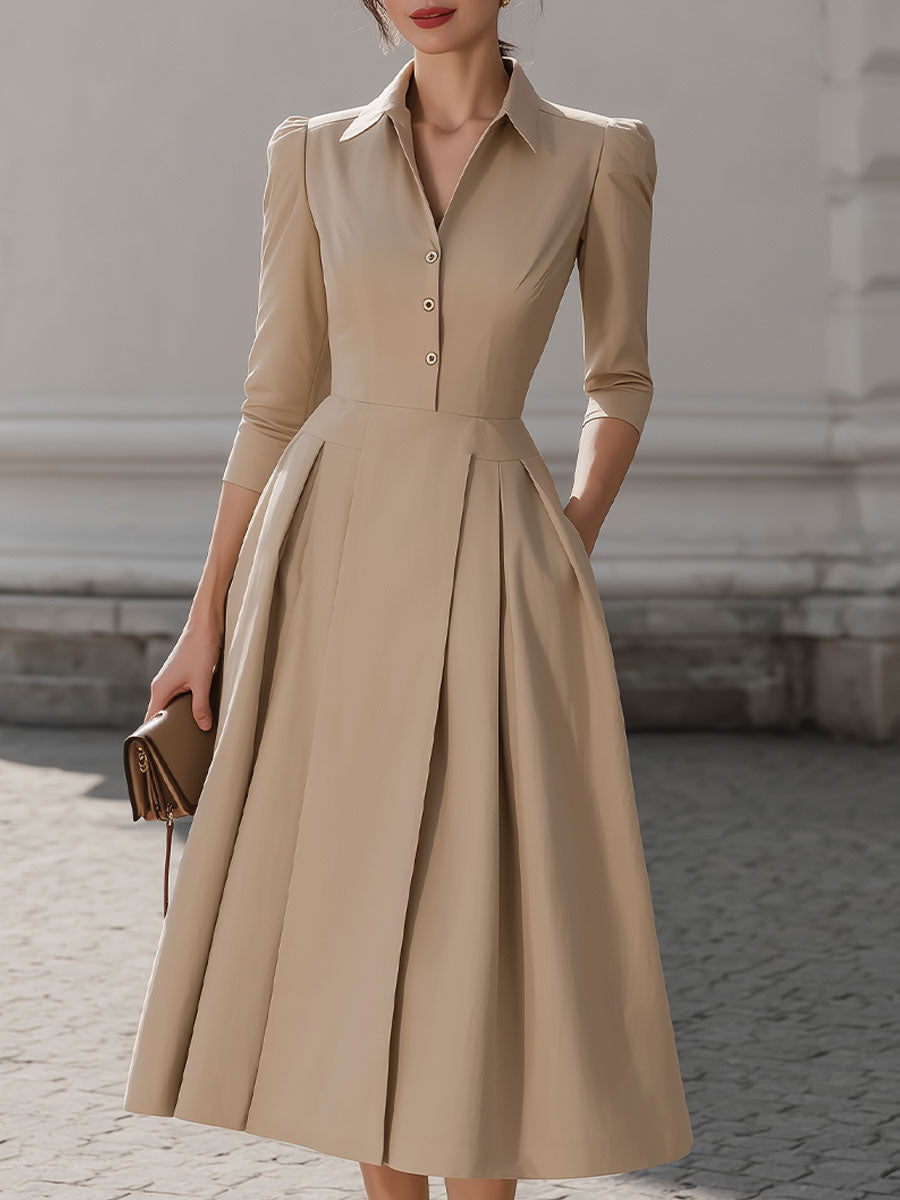 Casa Laro Beige Shirt-Collar Pleated Midi Dress SN