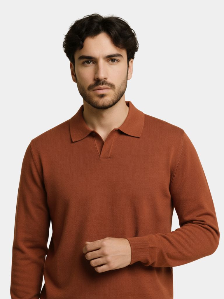 100% Wool Knit V Neck Turndown Polo Pullover - Casa  Laro CASA LARO