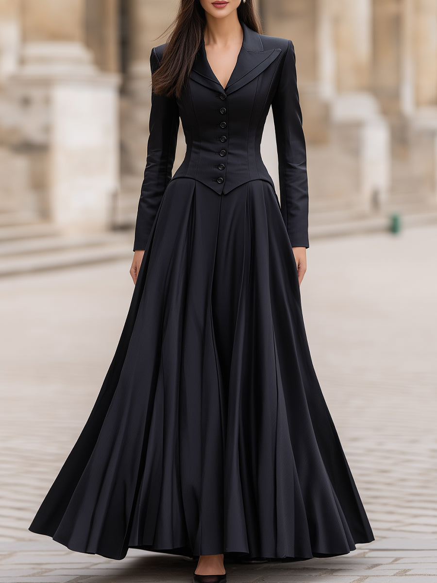 Elegant Tailored Waist Long-Sleeve Maxi Dress MLZ