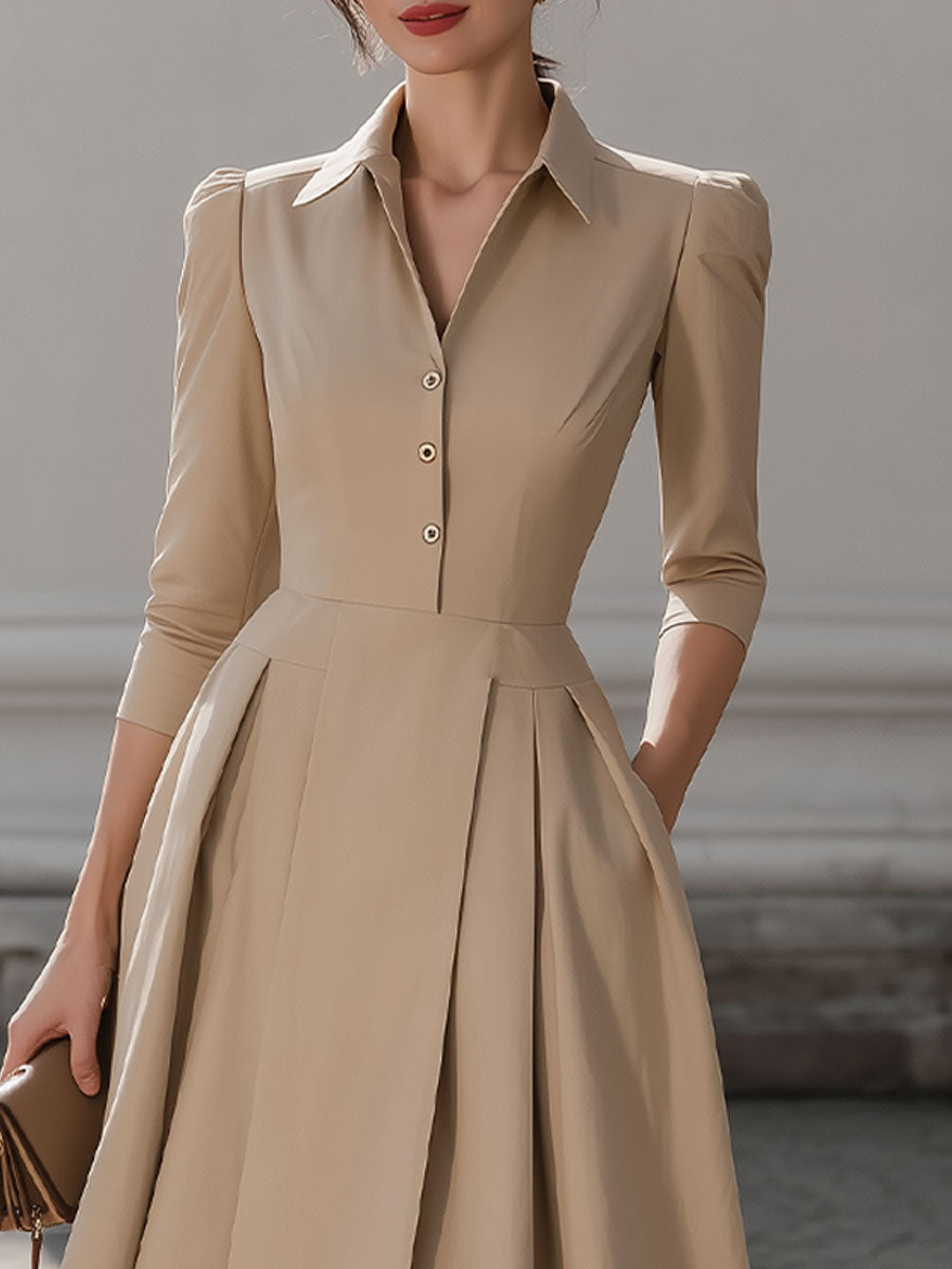 Casa Laro Beige Shirt-Collar Pleated Midi Dress SN