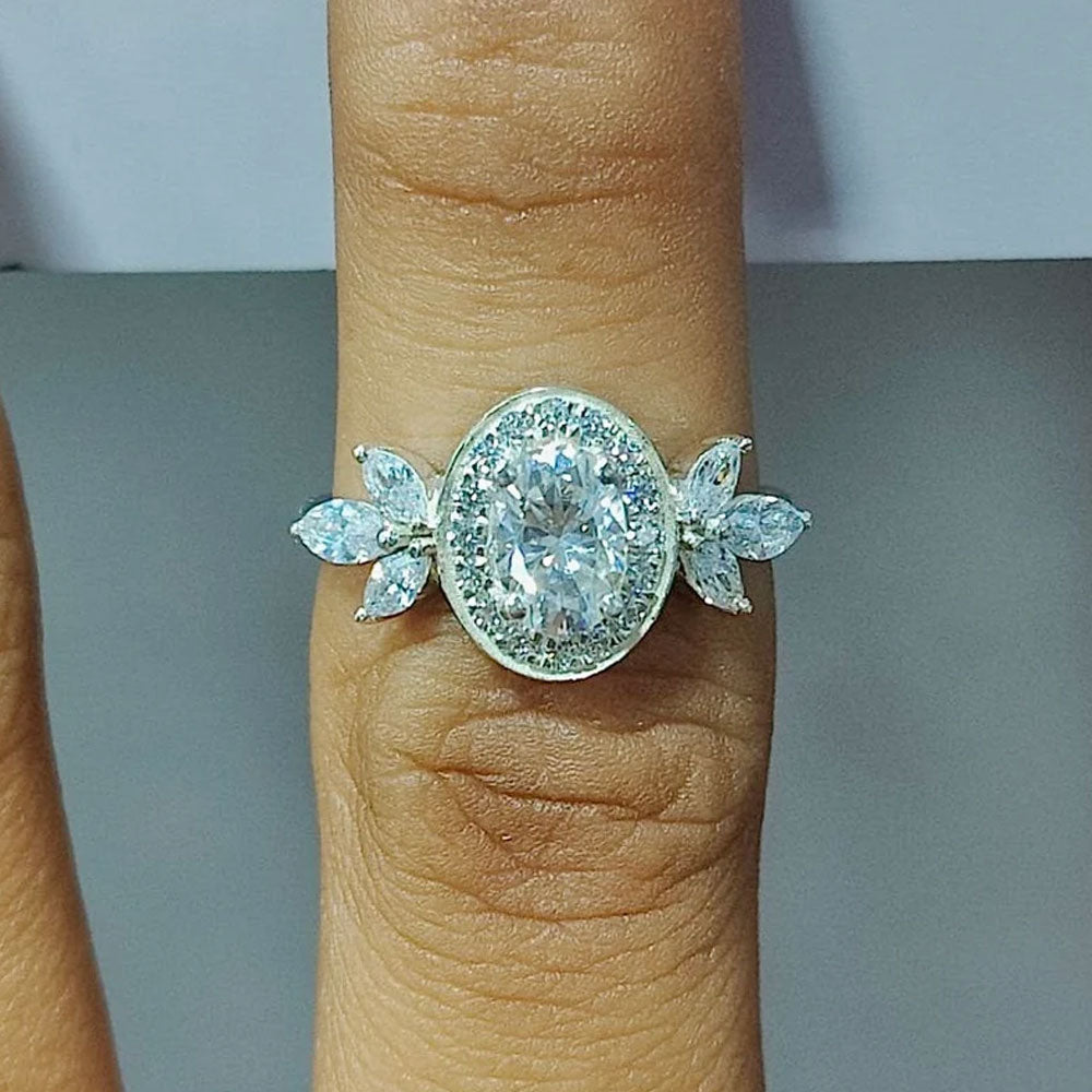 Crown Design Oval Cut Cluster Sterling Silver Bridal Ring Set hot