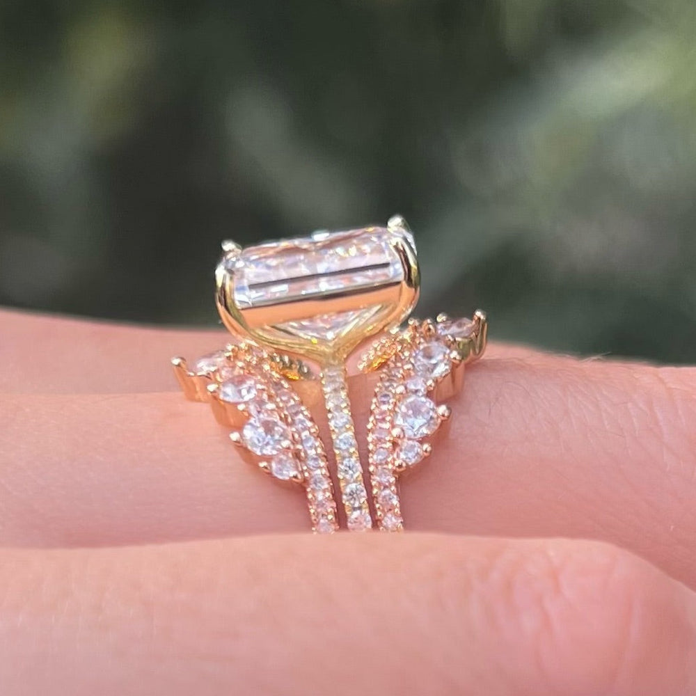 2 Pcs Radiant Cut Insert Wedding Ring Set With Crown-Shaped Band Shine of Diamond