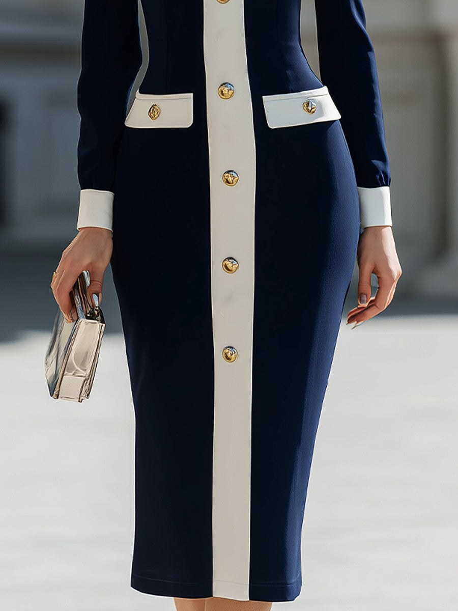Elegant Navy & White Contrast Button-Up Midi Dress SN