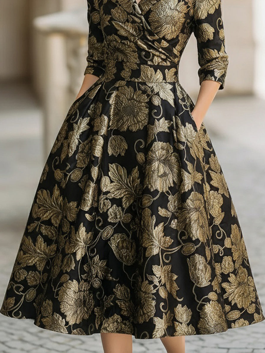 Casa Laro Black & Gold Jacquard Floral Midi Dress HWT