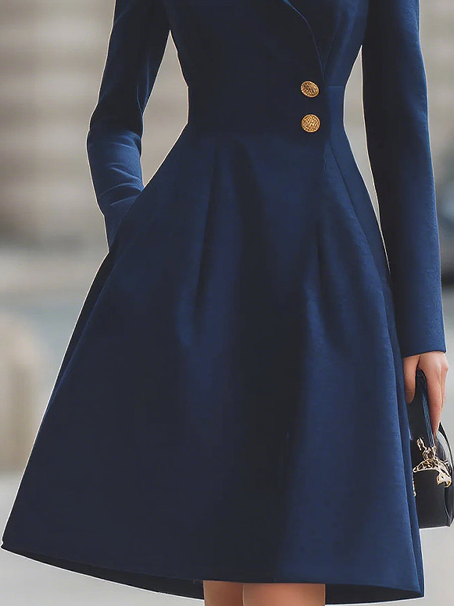 Elegant Navy Blue Tailored Fit Flared Coat Dress SN