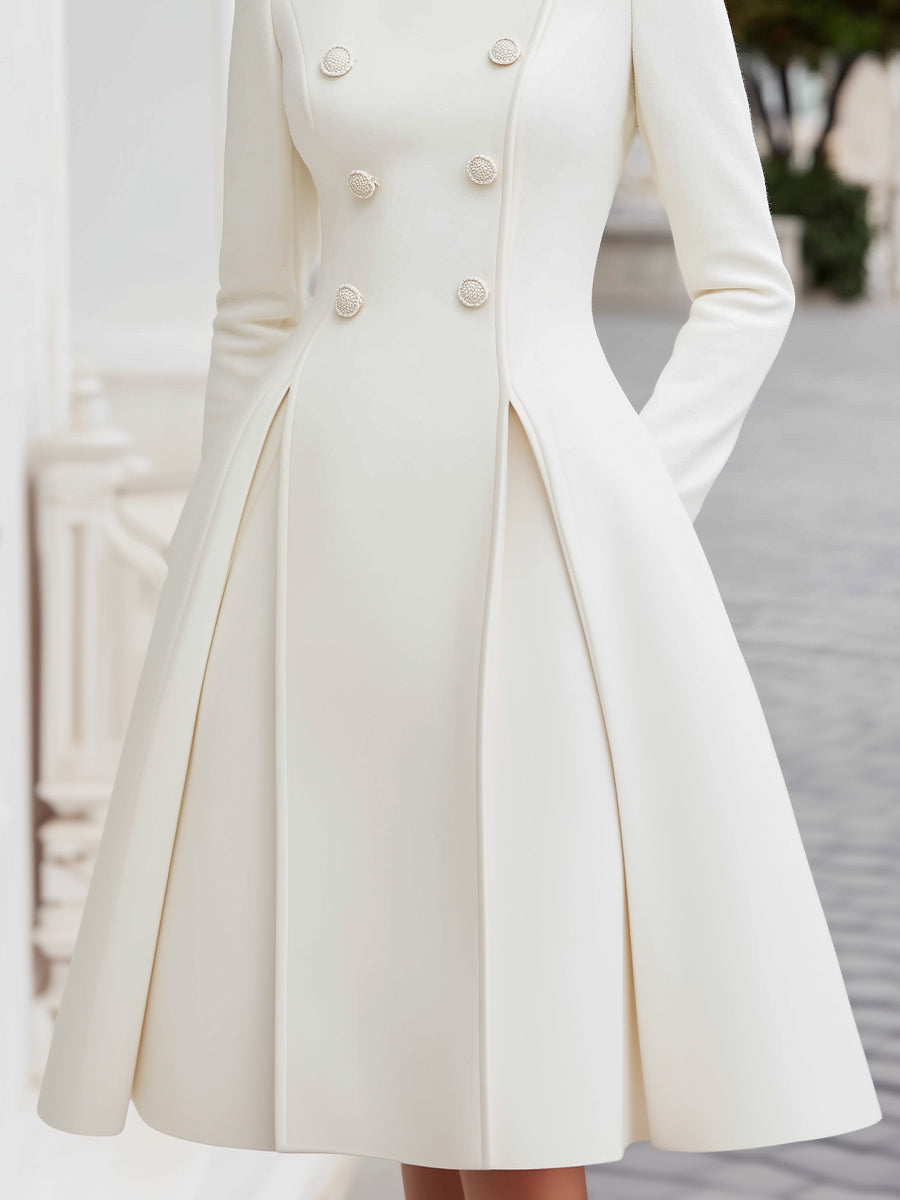 Elegant Double-Breasted Flared A-Line Coat Dress MLZ