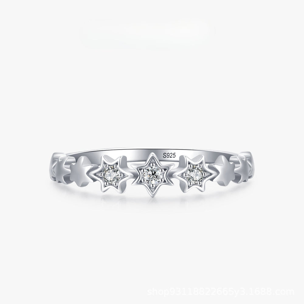 Cute Star Design Sterling Silver Band Shine of Diamond