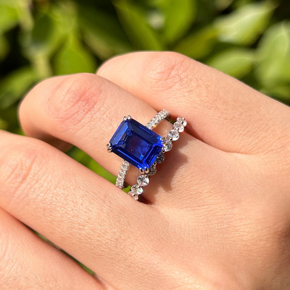 Vintage Blue Emerald Cut Sterling Silver Bridal Set Carly Jewelry