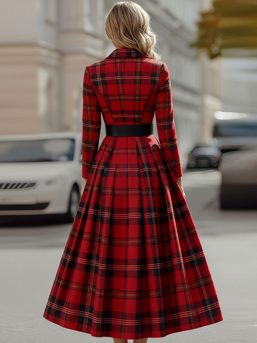 Casa Laro Statement Red Plaid Trench Dress With Gold Buckle Belt SN