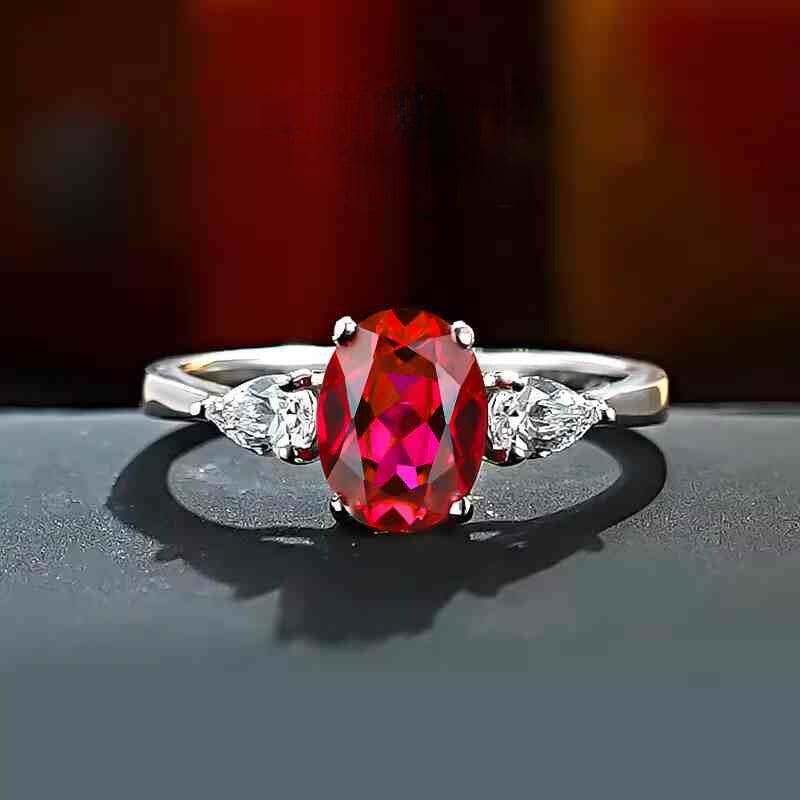 Classic Oval Cut Three Stone Ruby Sterling Silver Engagement Ring shine of diamond