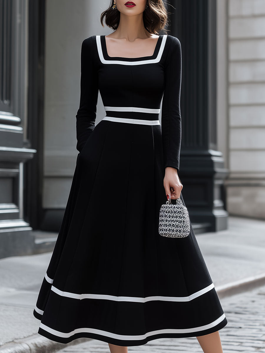 Casa Laro Retro Black & White Contrast Square Neck Midi Dress SN