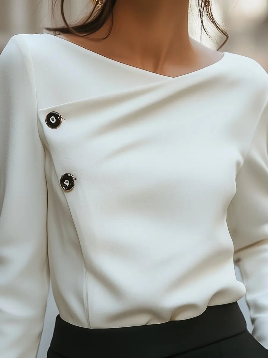 Asymmetric Button-Front White Top - Blouse CASA LARO