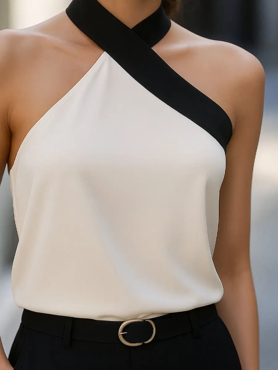 Asymmetric Halter With Contrast Trim - Sleeveless Blouse CASA LARO