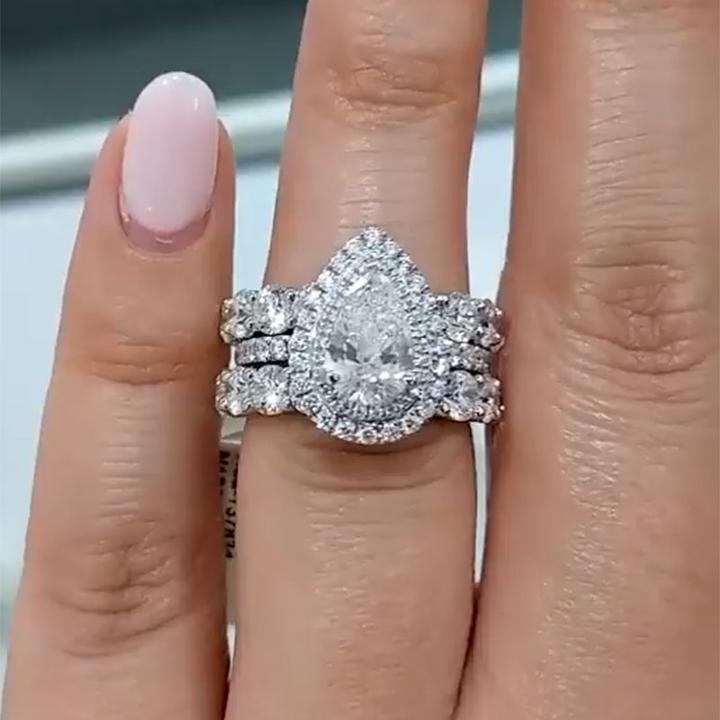 Pear Cut Halo 3-Pieces Bridal Set In Sterling Silver Shineofdiamond