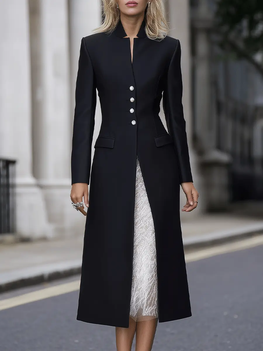 Black High-Collar Embellished Button Longline Coat Style - Midi Dress CASA LARO