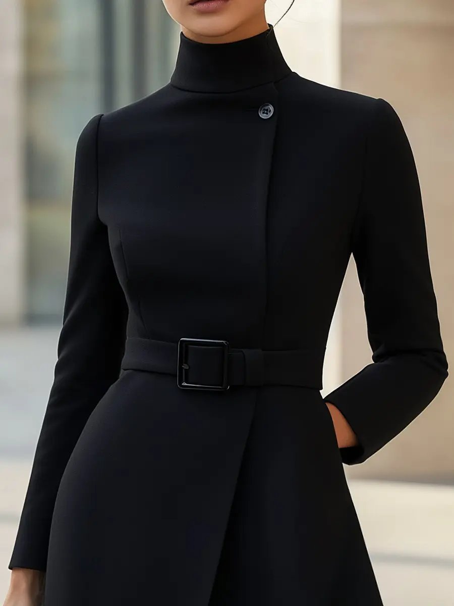 Black High-Neck Asymmetric Hem Belted A-Line - Midi Dress CASA LARO
