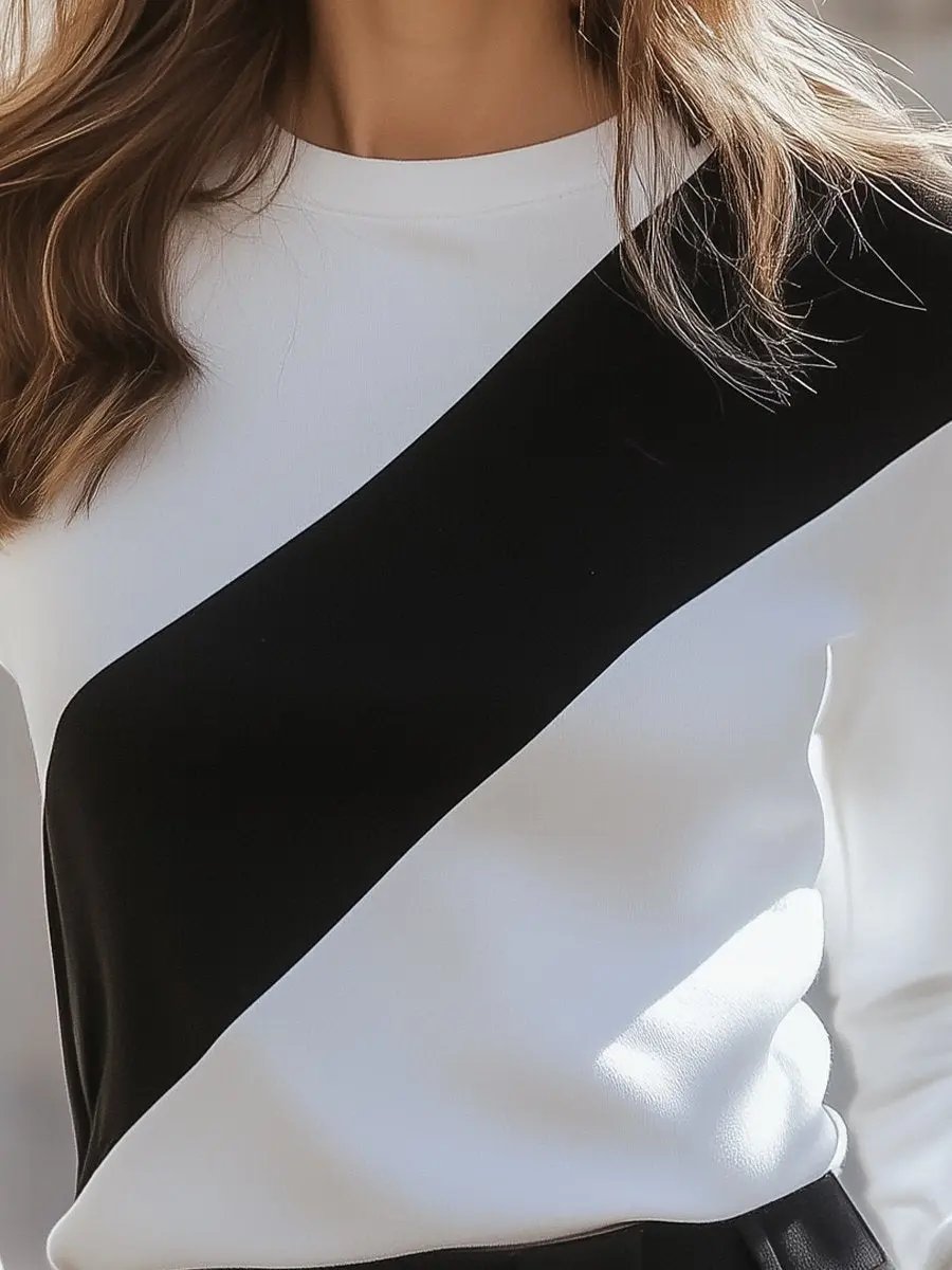 Black and White Diagonal Colorblock Casual Tee - T-Shirt CASA LARO