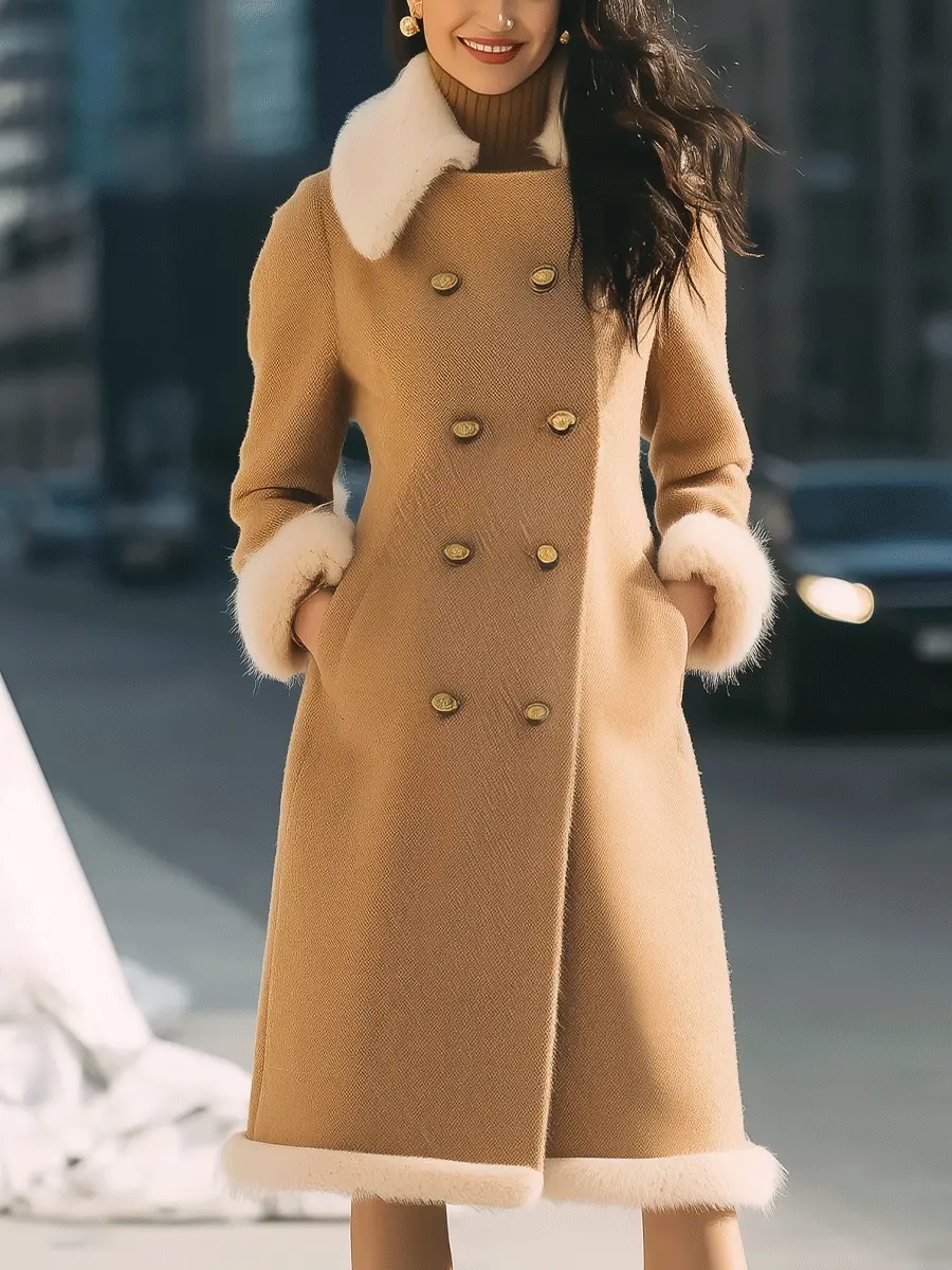 Camel Double-Breasted with Contrast Fur Trim - Coat CASA LARO