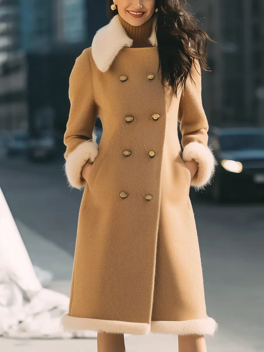 Camel Double-Breasted with Contrast Fur Trim - Coat CASA LARO
