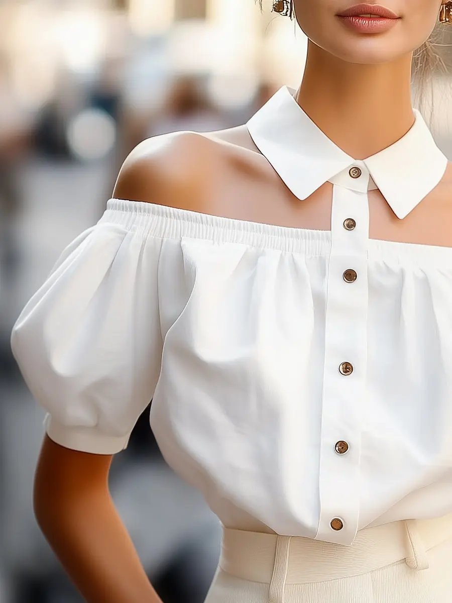Chic Off-Shoulder Button-Up with Statement Collar - Women's Blouse CASA LARO