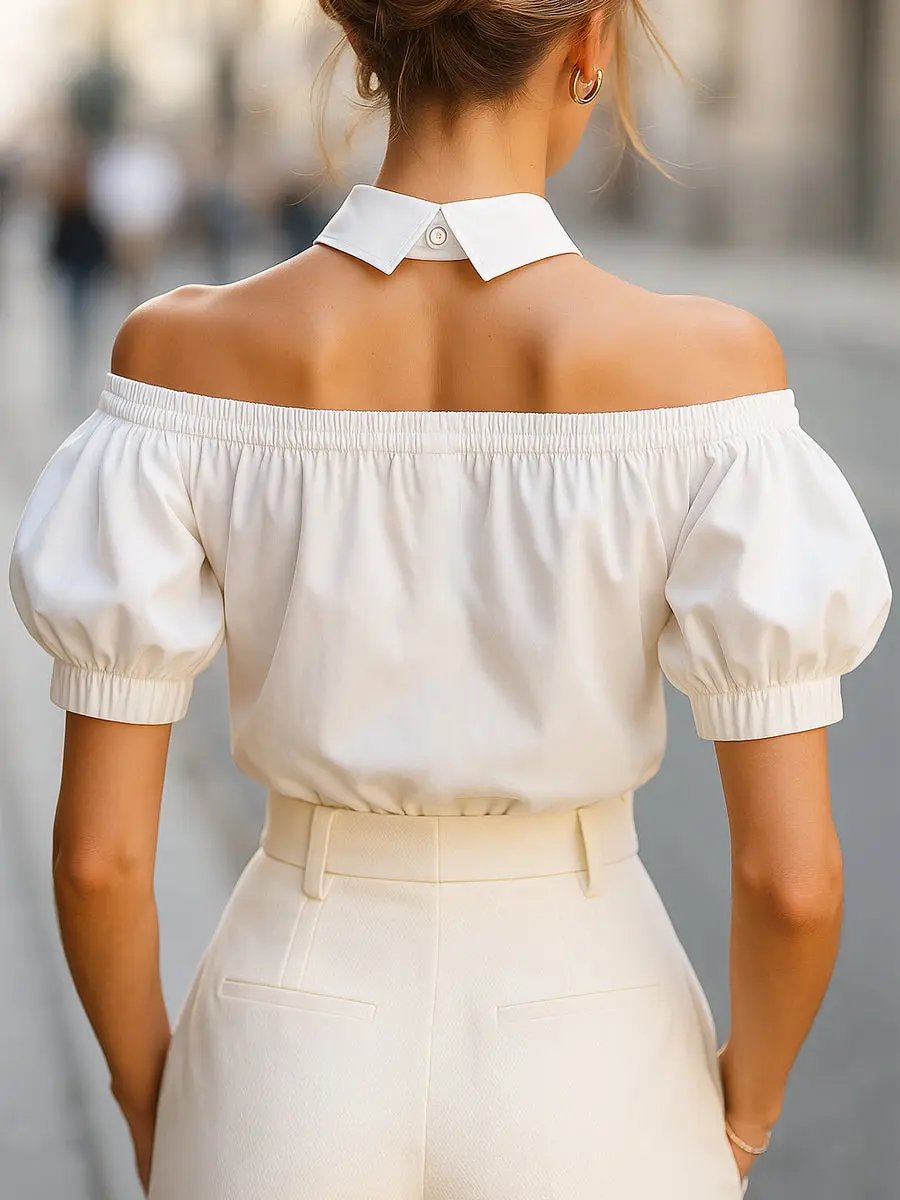 Chic Off-Shoulder Button-Up with Statement Collar - Women's Blouse CASA LARO