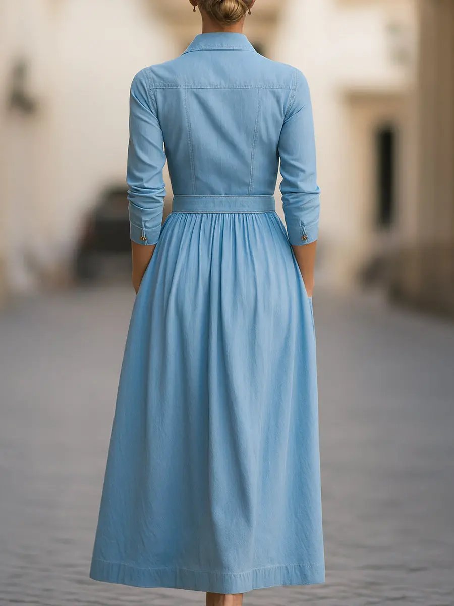 Classic Belted Denim Shirt Dress With Full Skirt - Midi Dress CASA LARO