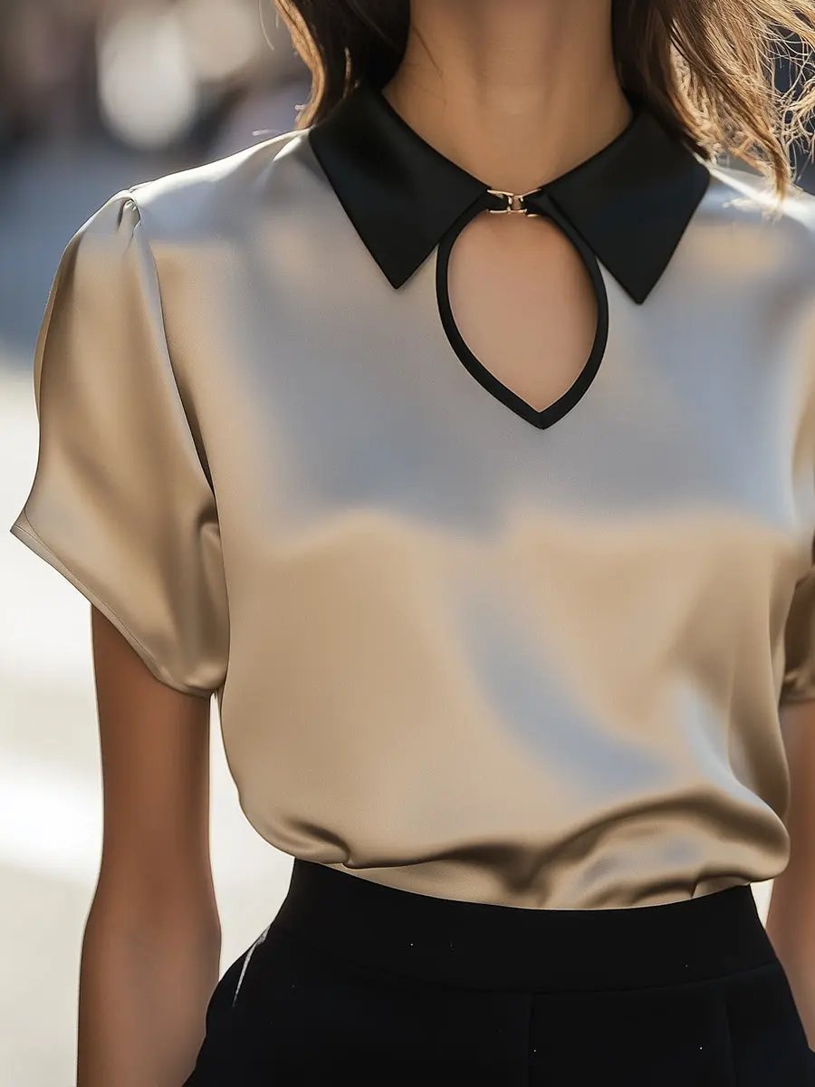 Contrast Collar Satin Keyhole Detail - Blouse CASA LARO