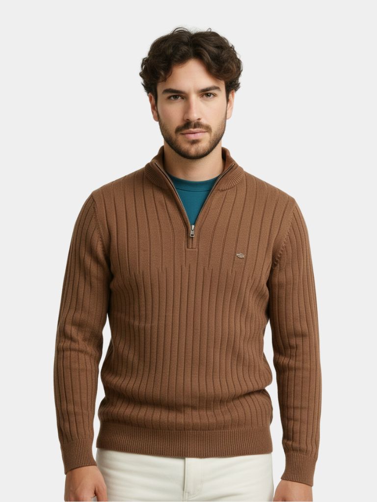 Cotton Knit Vertical Stripes Quarter-Zip Sweater - Casa  Laro CASA LARO