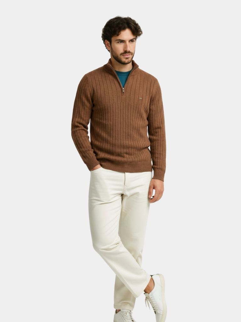 Cotton Knit Vertical Stripes Quarter-Zip Sweater - Casa  Laro CASA LARO