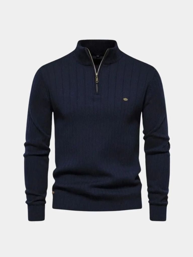 Cotton Knit Vertical Stripes Quarter-Zip Sweater - Casa  Laro CASA LARO