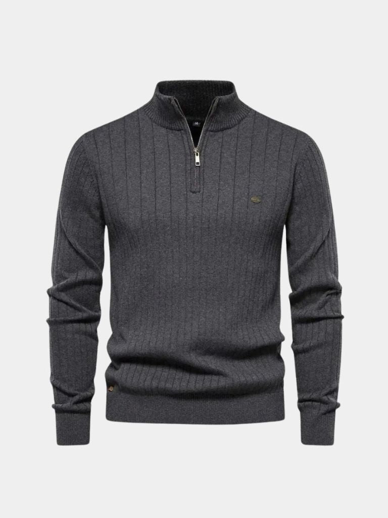 Cotton Knit Vertical Stripes Quarter-Zip Sweater - Casa  Laro CASA LARO