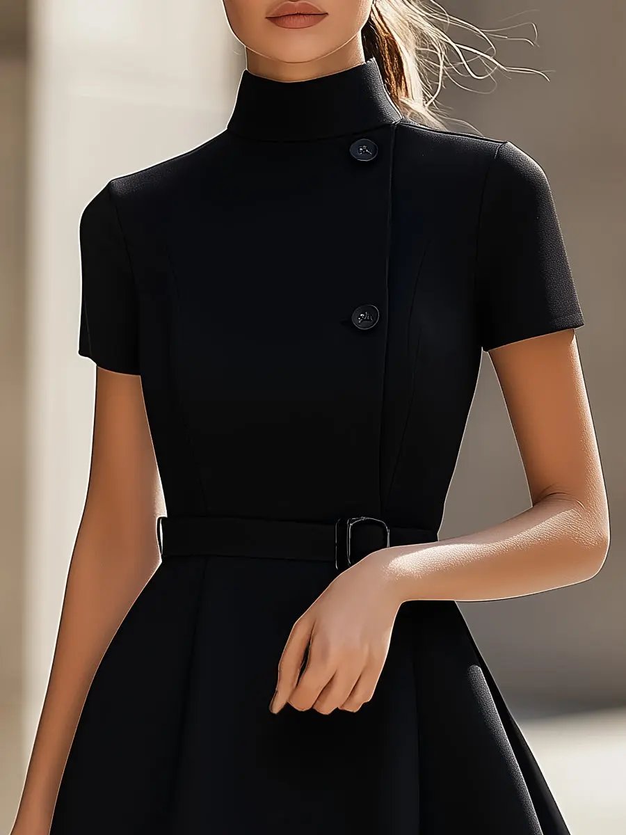 Elegant Black High-Neck Belted Sheath - Midi Dress CASA LARO