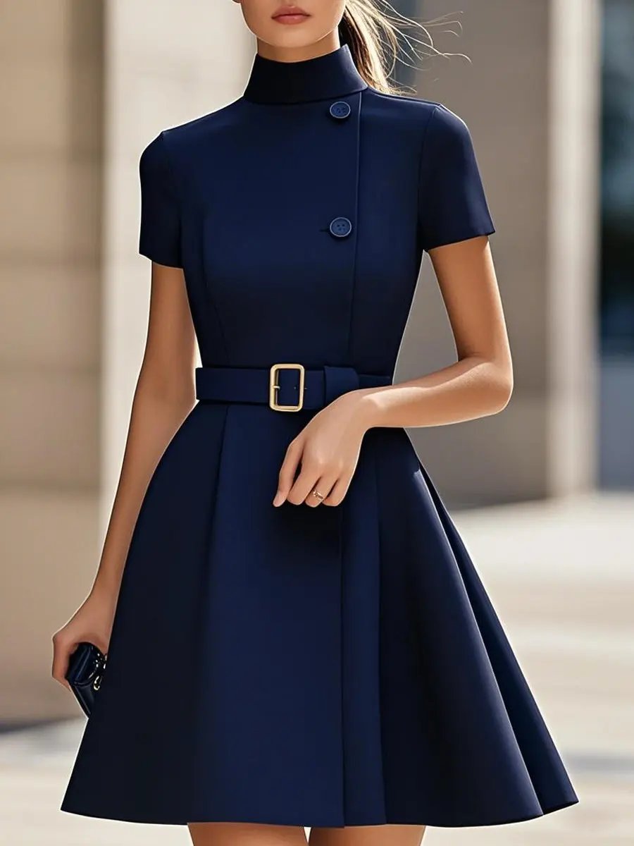 Elegant Black High-Neck Belted Sheath - Midi Dress CASA LARO