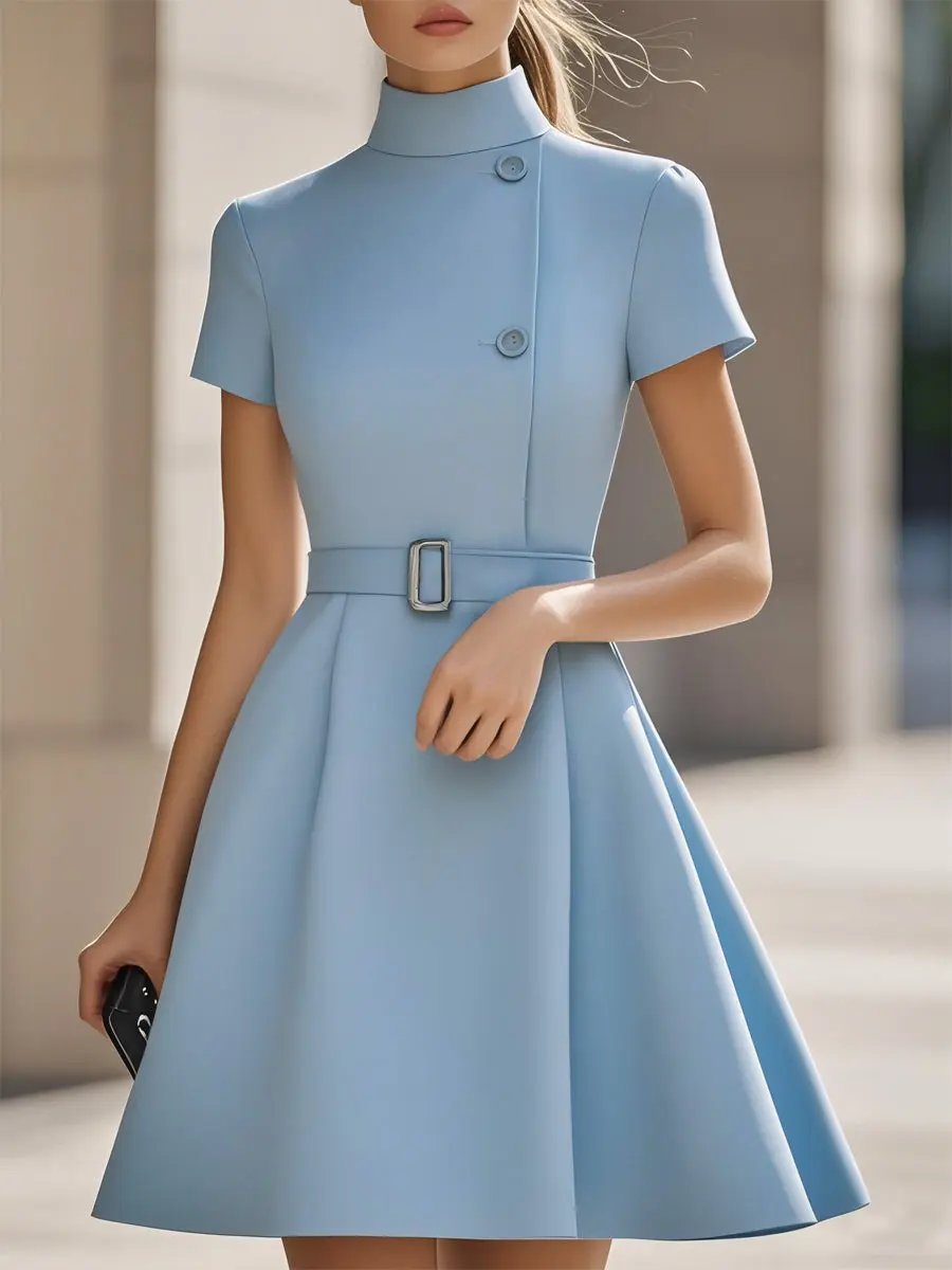 Elegant Black High-Neck Belted Sheath - Midi Dress CASA LARO