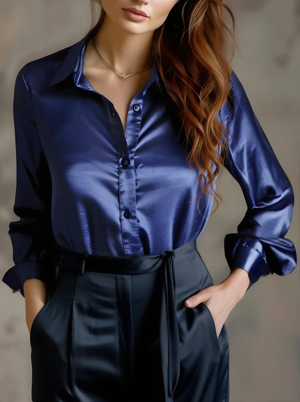 Elegant Black Satin Long-Sleeve Top - Blouse CASA LARO