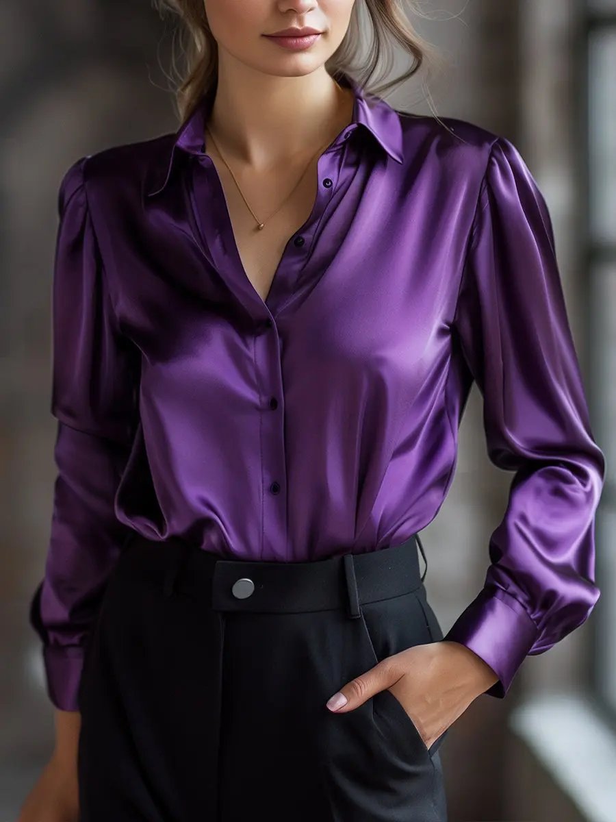 Elegant Black Satin Long-Sleeve Top - Blouse CASA LARO