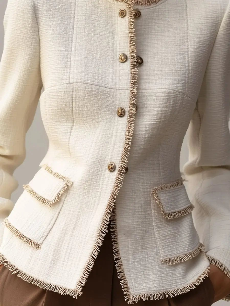 Elegant Cream Textured Tailored Blazer with Decorative Trim - Women's Blazer CASA LARO