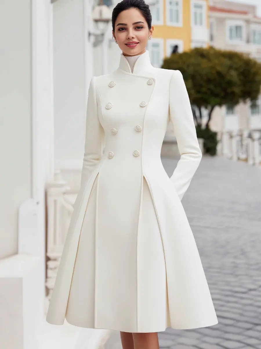 Elegant Double-Breasted Flared A-Line Women's Coat Dress - Coat Dress CASA LARO