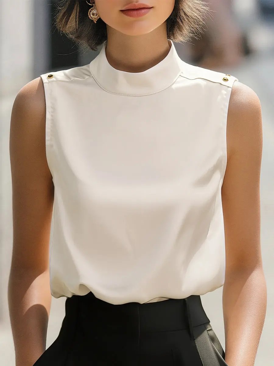Elegant Ivory Satin High-Neck Sleeveless - Blouse CASA LARO