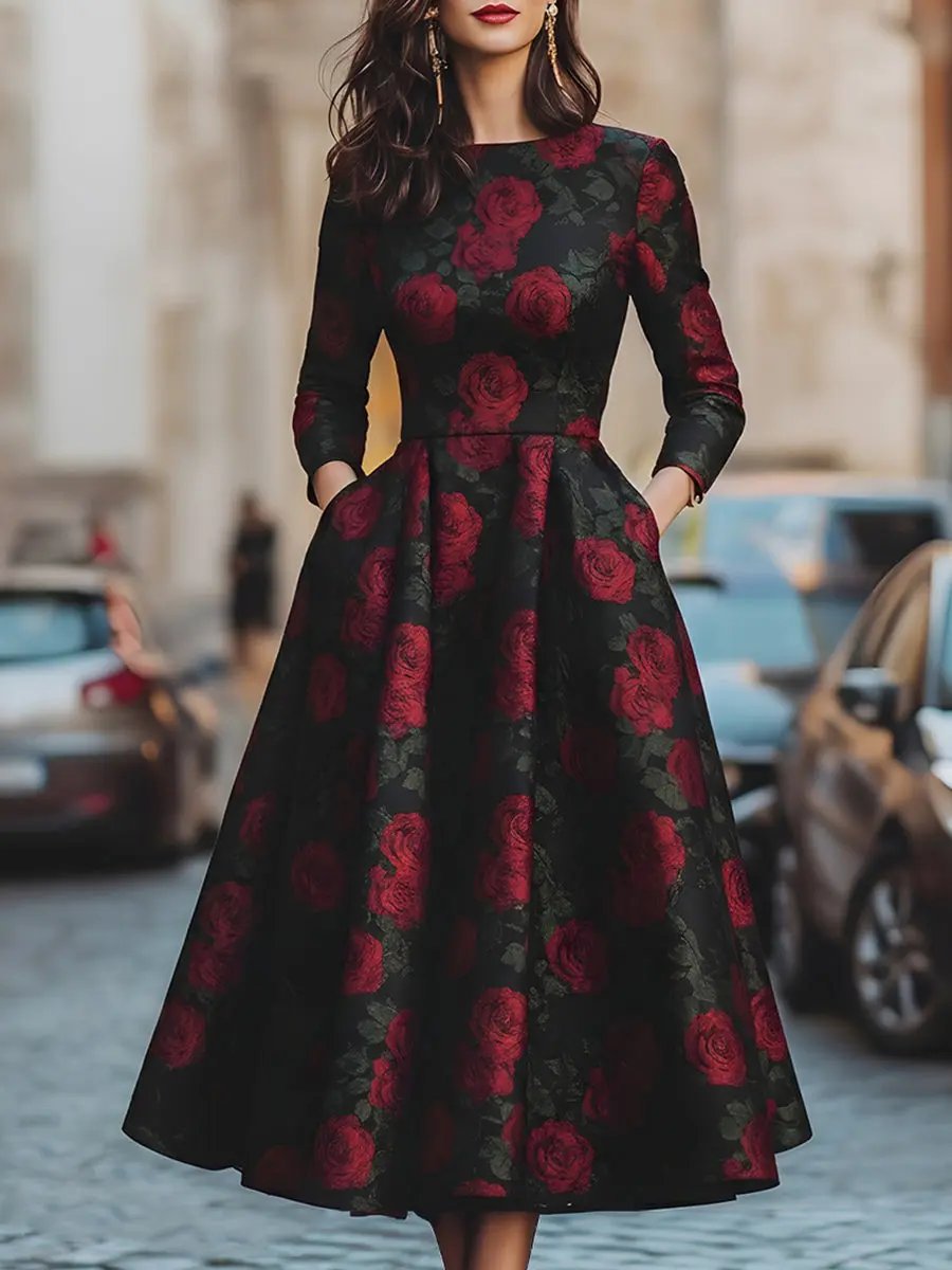 Elegant Jacquard Rose Print A-Line Silhouette - Midi Dress CASA LARO