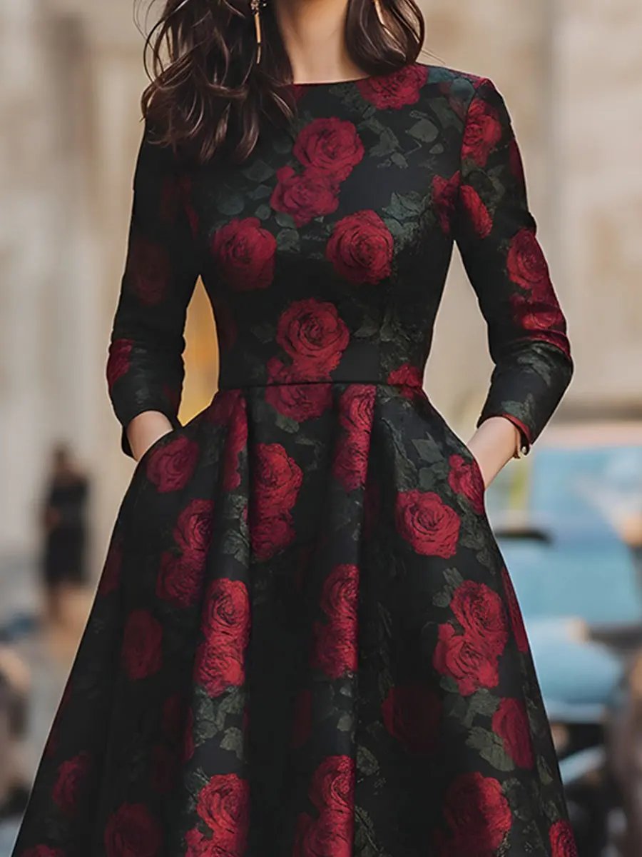 Elegant Jacquard Rose Print A-Line Silhouette - Midi Dress CASA LARO