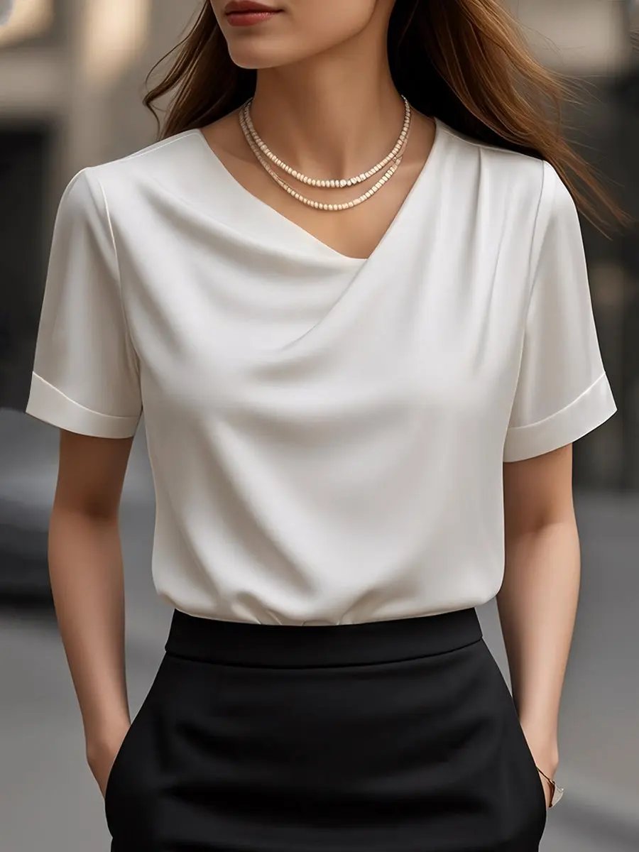Elegant Plain Draped Neck Short-Sleeve - Blouse CASA LARO