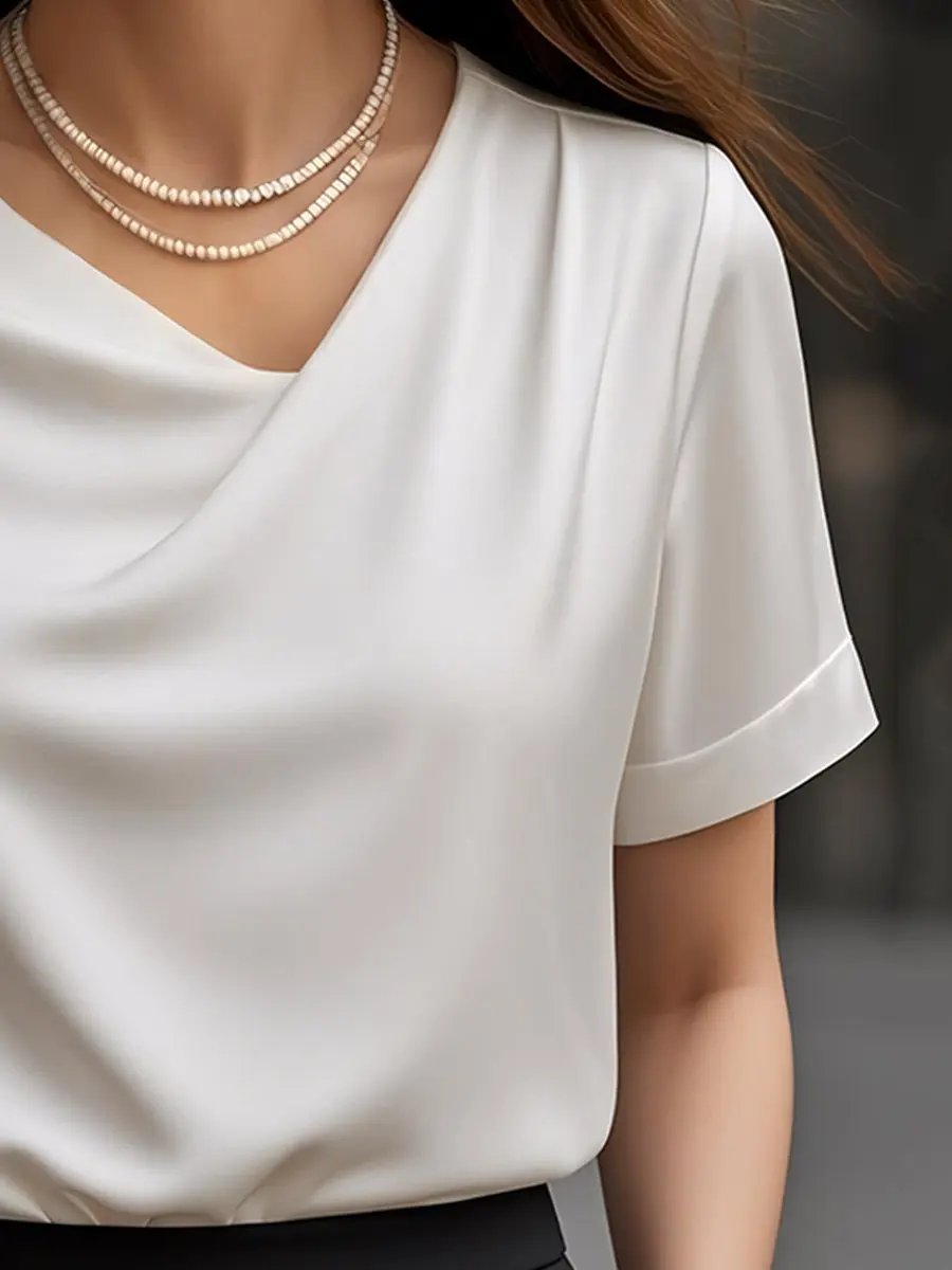 Elegant Plain Draped Neck Short-Sleeve - Blouse CASA LARO