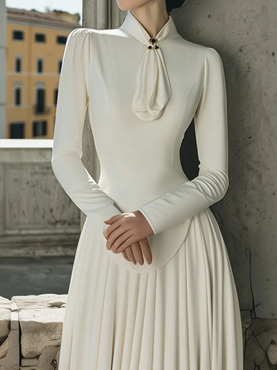 Elegant Scarf-Tie Collar Plain Maxi - Maxi Dress CASA LARO